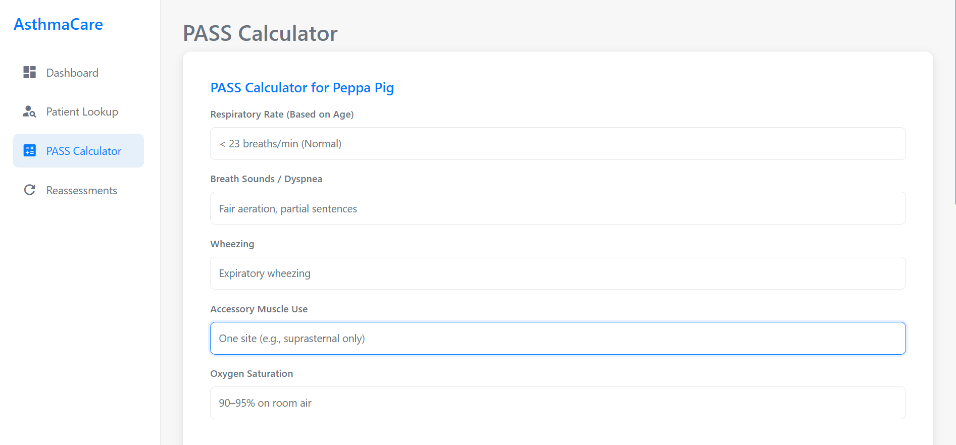 PASS Calculator - Clinical parameters entry